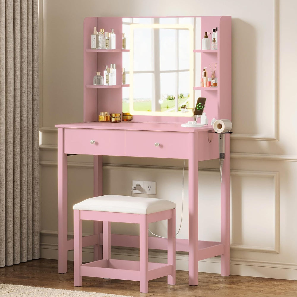 Vanity Desk with LED Mirror, 3 Lighting Modes and Chair | Small Makeup Vanity...