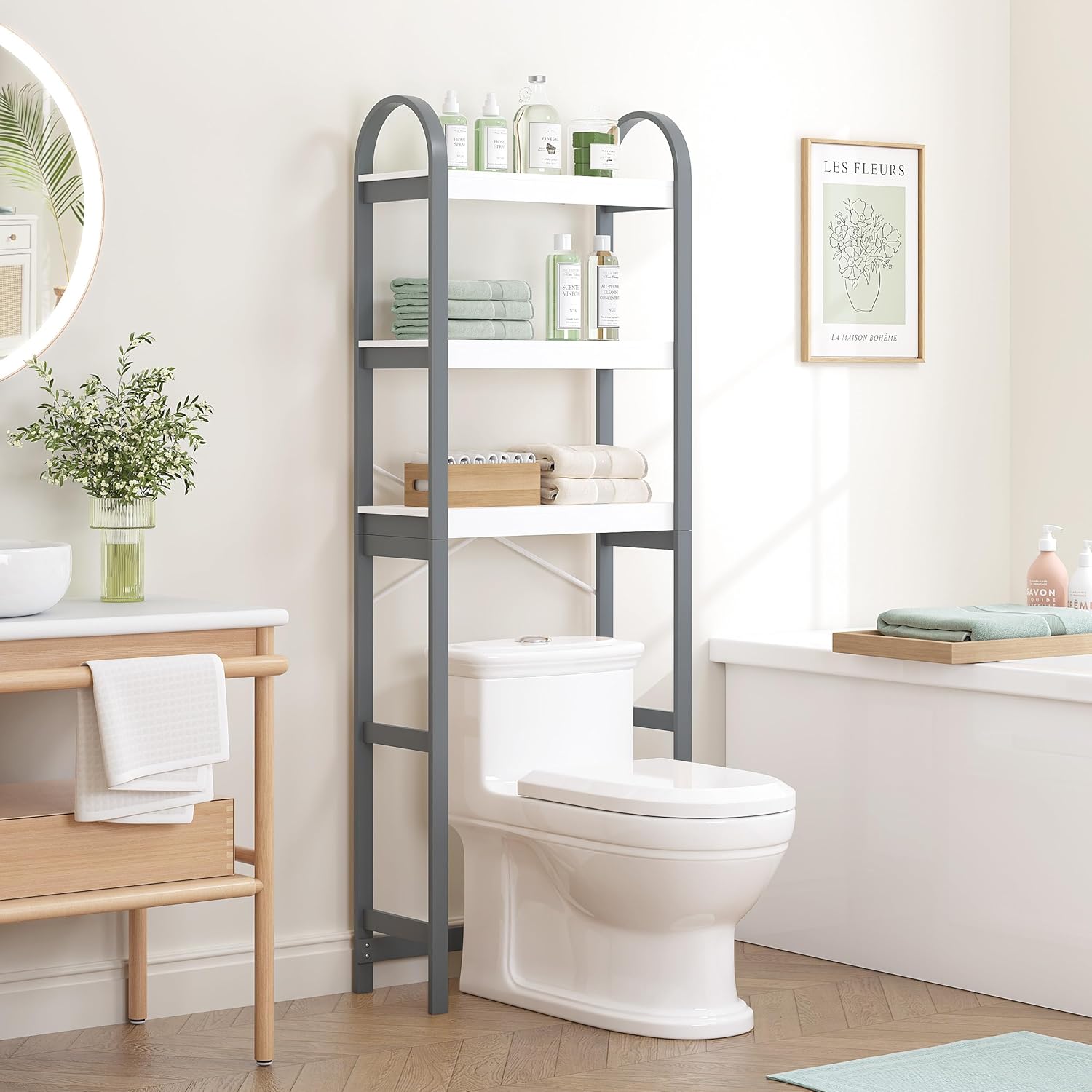 Spirich Over The Toilet Storage Shelf, 3-Tier Over Toilet Bathroom Organizer, Space-Saving Above Toilet Storage Shelf Rack with Bamboo Frame, Gray