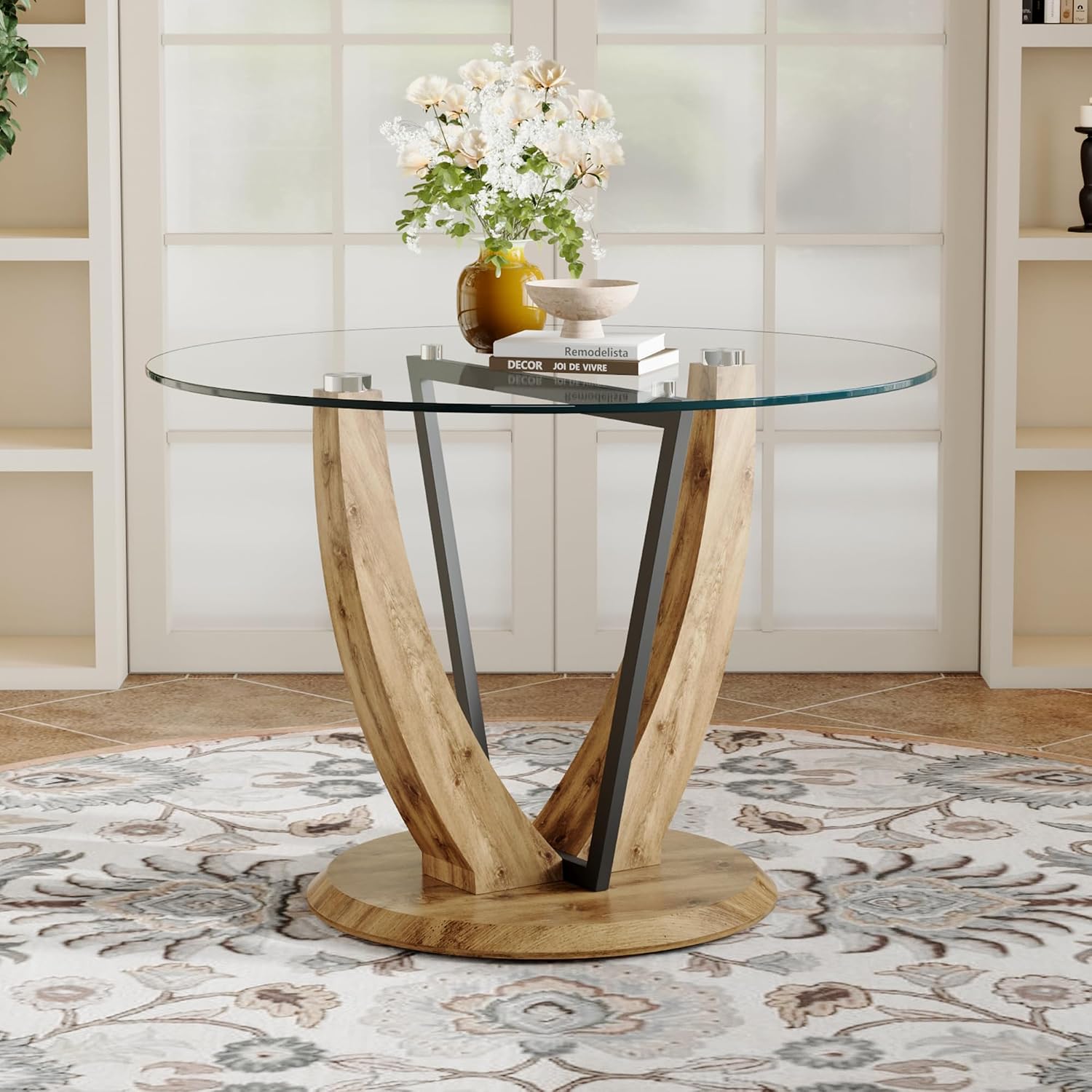 JUFU 42 Inch Round Glass Dining Table for 4, Modern Kitchen Table with Wood Pedestal Base, Small Dining Room Table for Apartment, Breakfast Nook, Living Room, Table Only