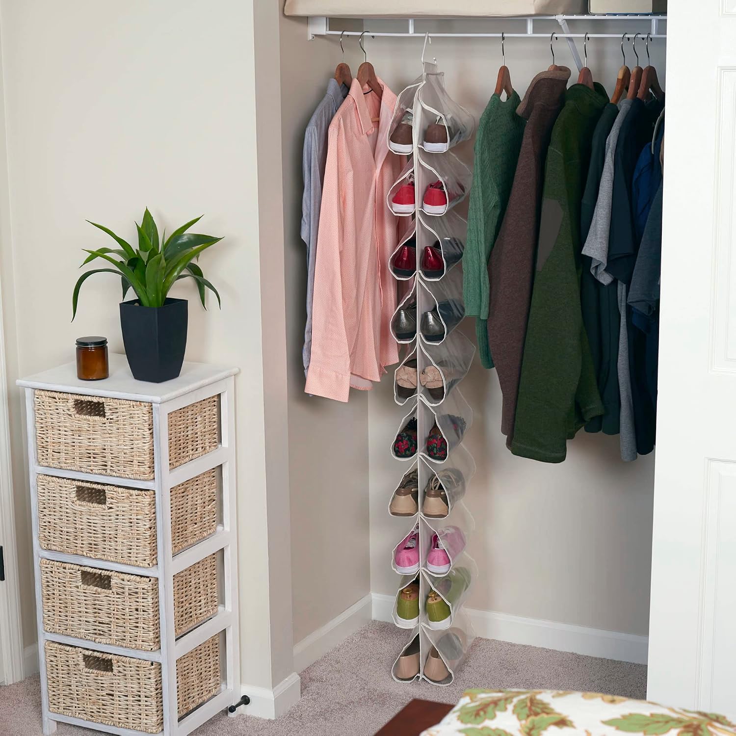 Household Essentials 20‑Pocket Closet Shoe File in Durable Canvas with Plastic Pockets and Single Hook System, Cream