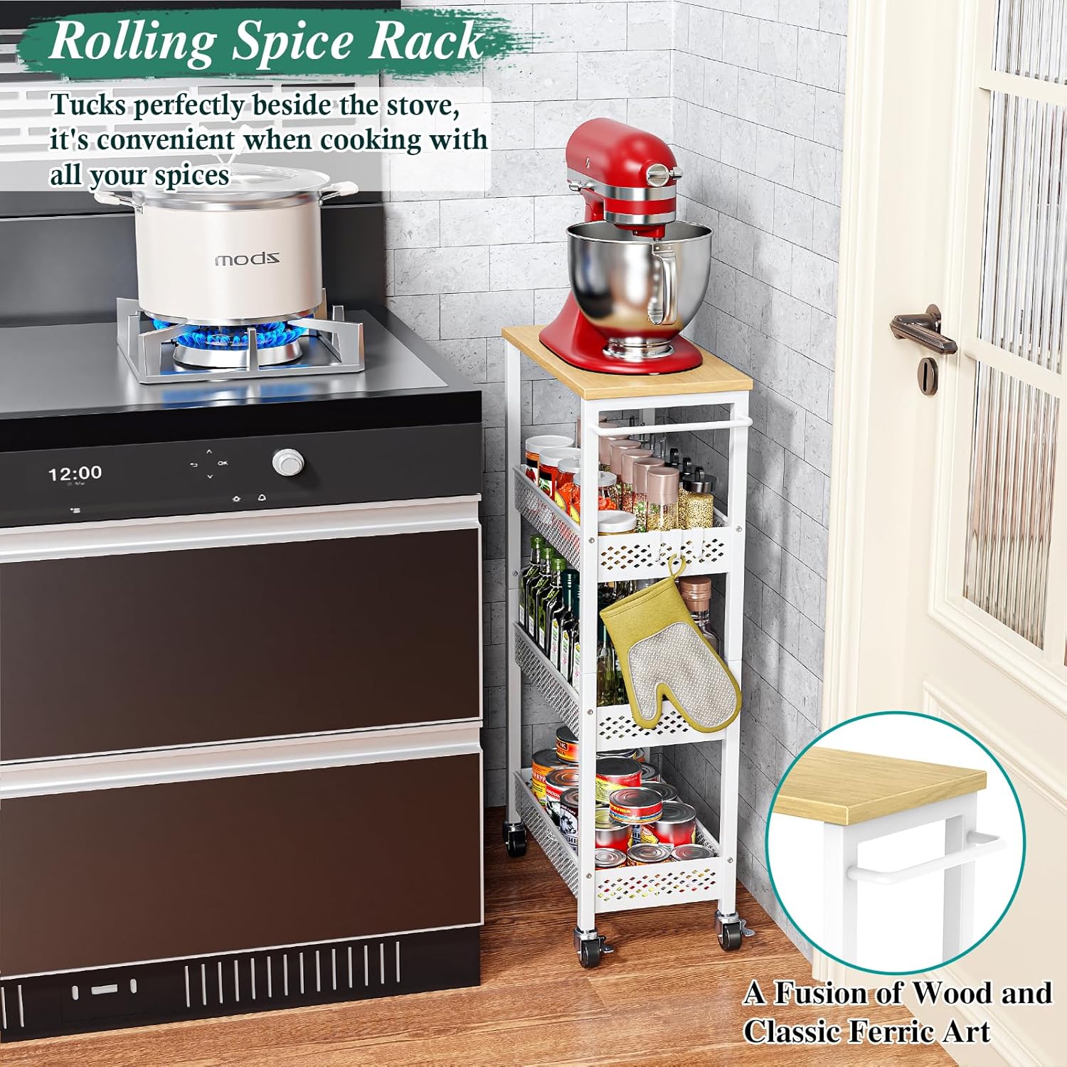 Utility Slim Storage Cart, 4-Tier Narrow Bathroom Organizers and Storage Cart, Narrow Metal Kitchen Laundry Room Organization Shelf with Wood Top, Slim Rolling Carts with Wheels for Small Space