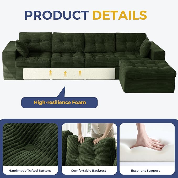 MAXYOYO 132" L Shaped Modular Sectional Sofa with Ottoman, Cloud Boneless Couch with Layered Cushion, Upholstered Sofa in a Box, Flexible Module Combination for Living Room, No Assembly, Dark Green
