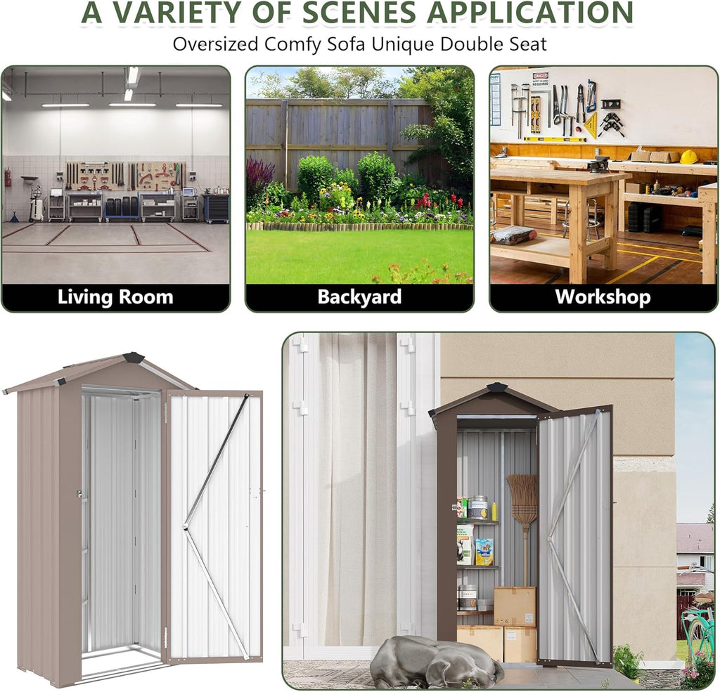 2.5x1.4 FT Mini Outdoor Storage Shed, Plastic Shed with Floor, Lockable Door, Adjustable Shelves & Sloping Roof, All-Weather Resin Shed for Garden, Backyard, Patio, Lawn (Brown)
