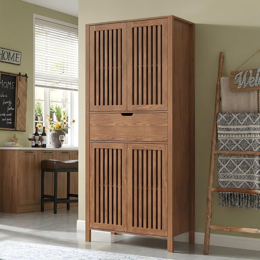 BVIUNTWO Farmhouse Wooden Kitchen Pantry Storage Cabinet, Tall Storage Cupboa...