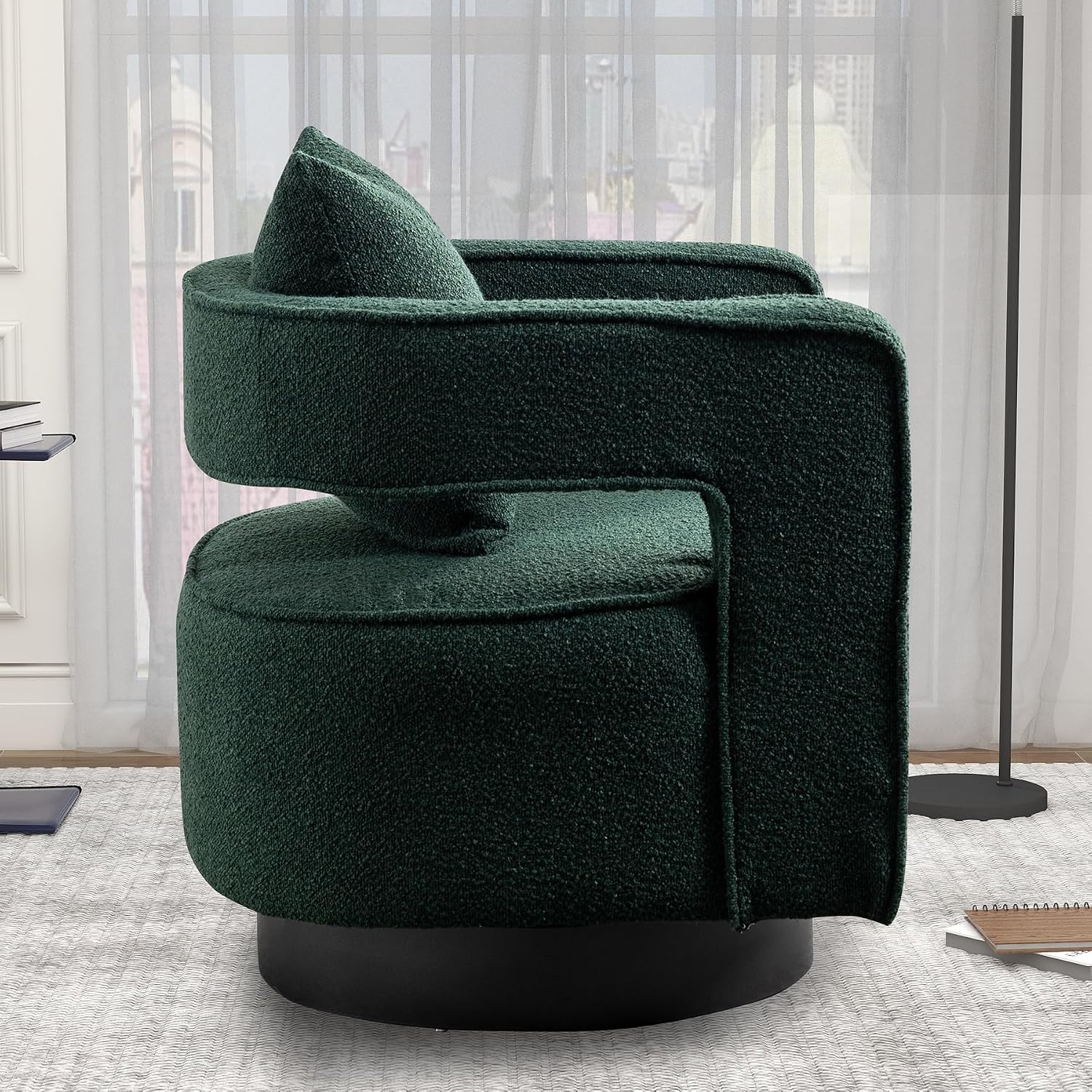 Swivel Accent Chair Set of 2, Modern Swivel Barrel Chair for Living Room, 360 Degree Comfy Square Accent Chair with Open Back, Upholstered Armchair for Bedroom,Reading, Boucle, Dark Green