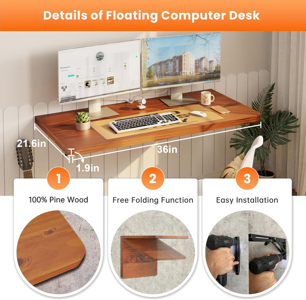 IAE Floating Wall Mounted Folding Table Desk with Pine Wood,36" x 22&quo...