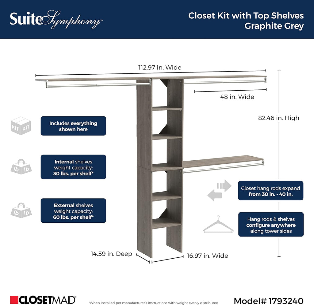 ClosetMaid SuiteSymphony Wood Closet Organizer Kit with Tower 3 Hang Rods, Top Shelves, Adjustable, Fits Spaces 5-9 ft. Wide, Graphite Grey
