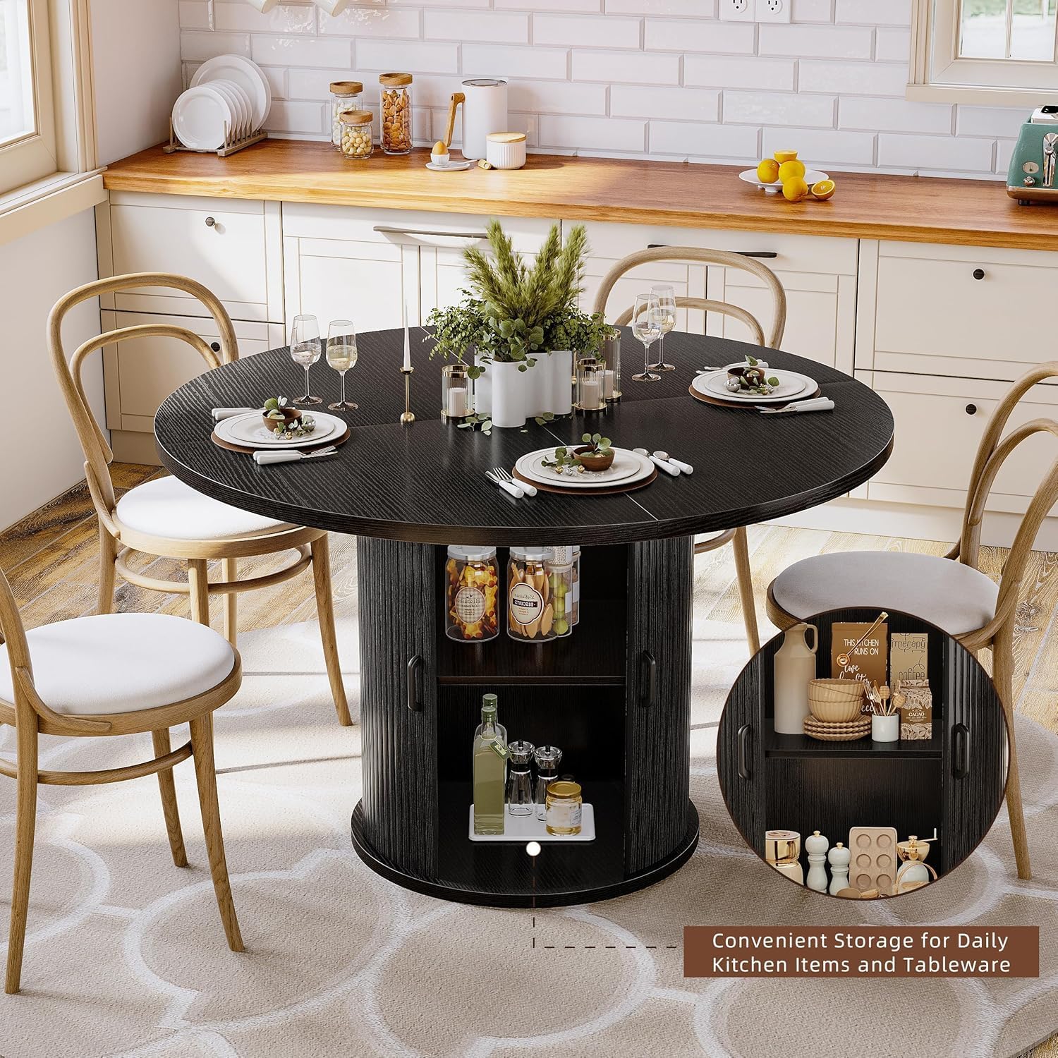 47 Inch Round Dining Table with Storage, 2-Layer Shelf & Wood Slide Door, Farmhouse Style, Waterproof Top, 330 lbs Capacity, for 4-6 Person, Easy Assembly, Ebony