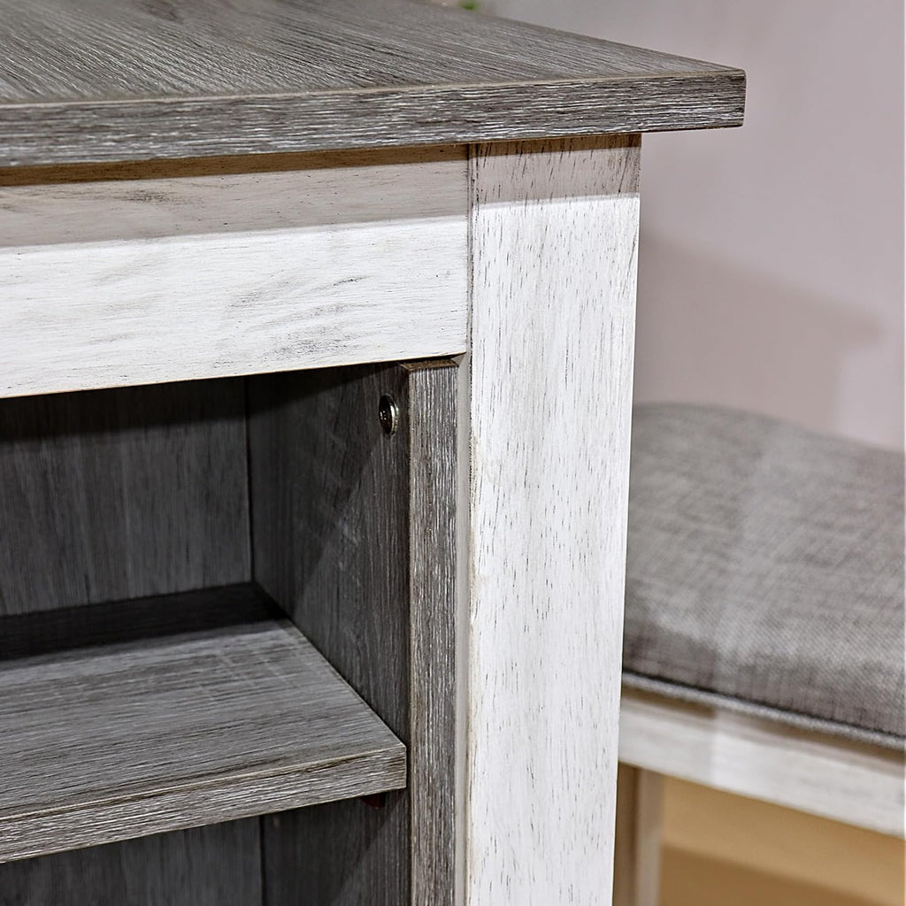 3-Piece Wooden Dining Table Set, Kitchen Island with Seating for 2, Kitchen Bar Table with Stools, Counter Height Dining Table Set, Rustic Gray Antique White, Farmhouse Style