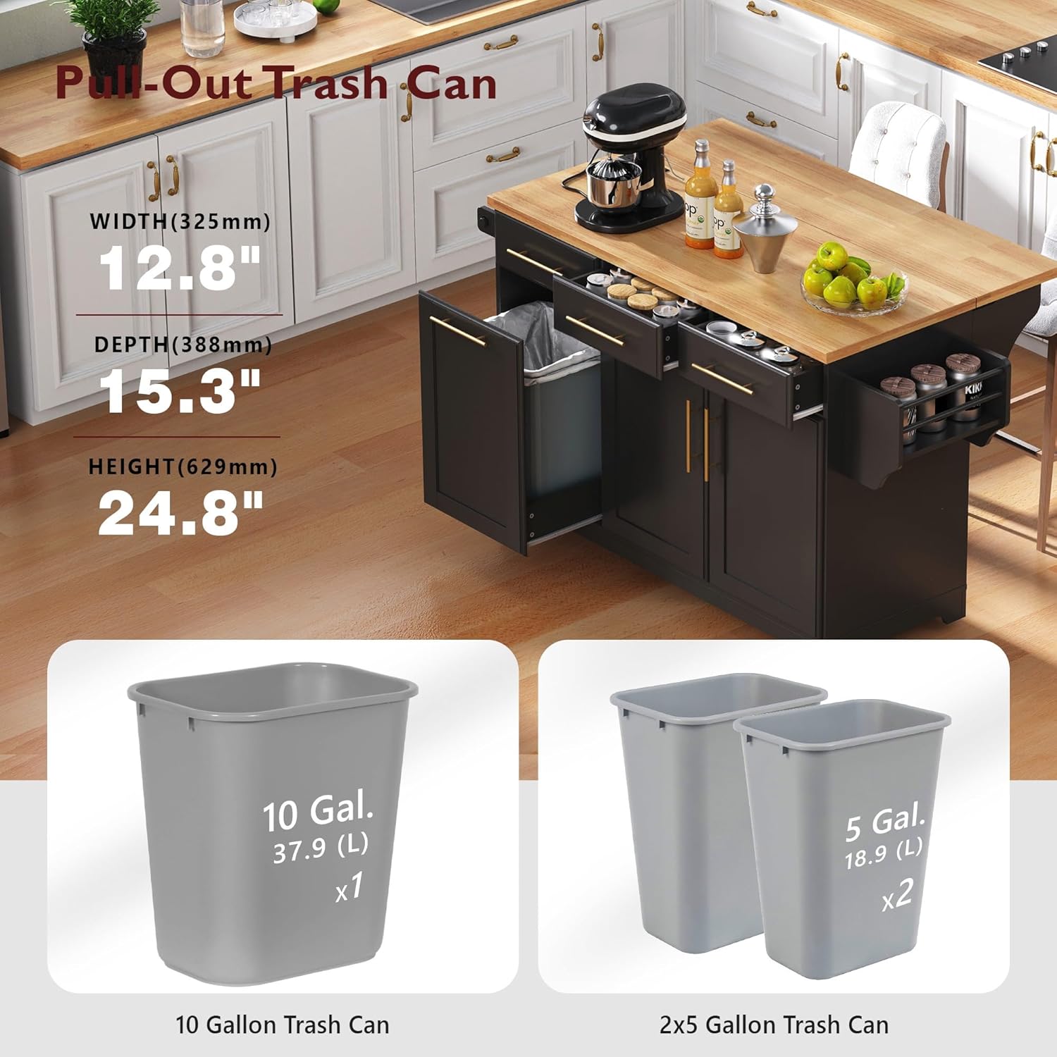 Merax 59.3" Black Kitchen Island with Storage, 2 Pull Out Cabinet Organizers & Rubber Wood Drop Leaf, Rolling Island Table with Trash Can Storage, Power Outlet, Spice & Towel Rack for Kitchen Dining