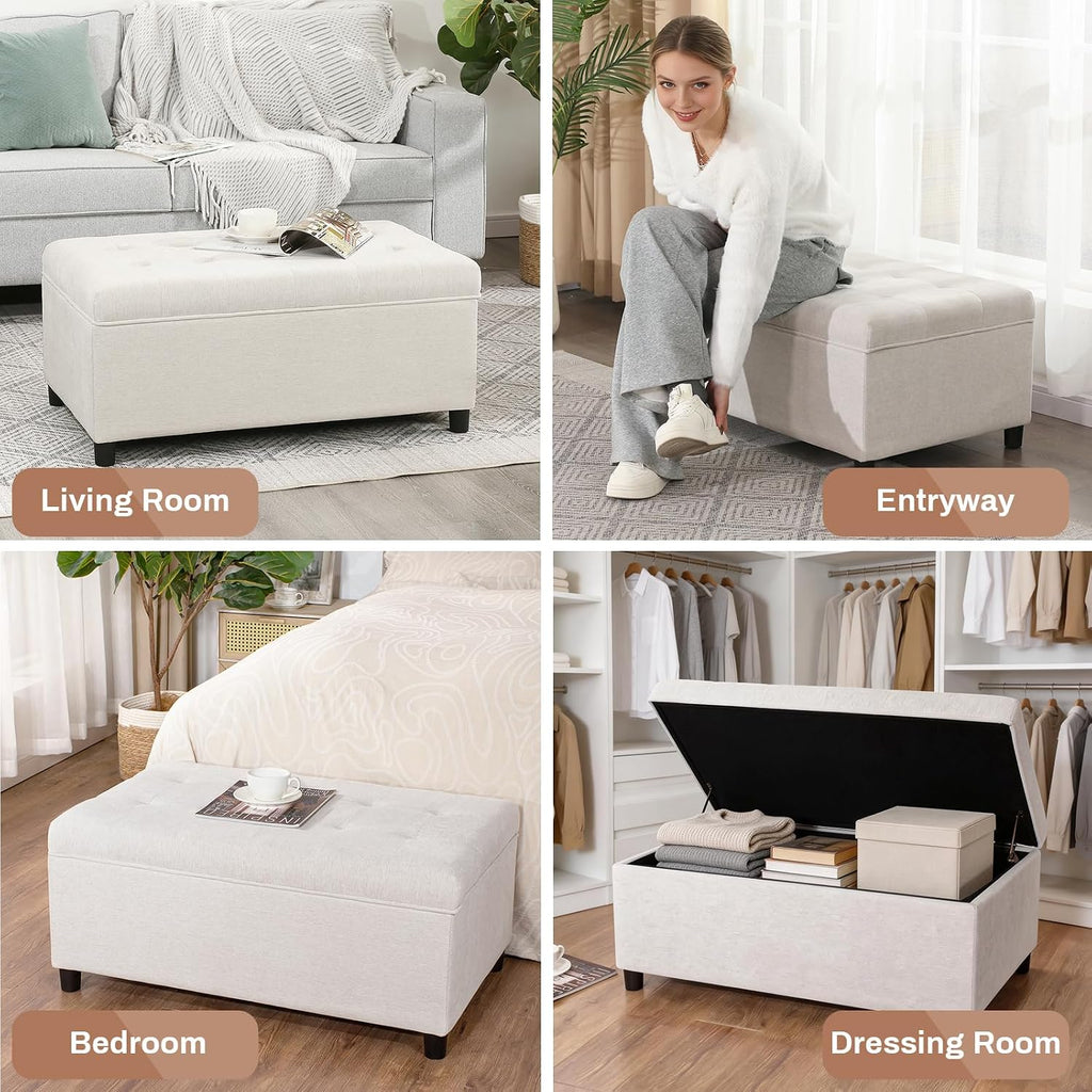 Storage Ottoman Bench 35 inch Linen Bench for Living Room | Multi-functional Ottoman with Storage with Hinged Lid for Bedroom End of Bed, Entryway Shoe Seat Easy Assembly, Linen Beige