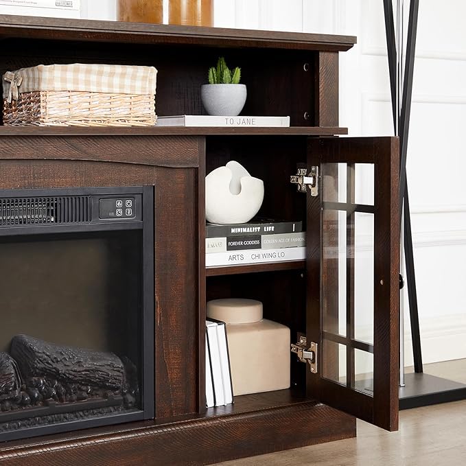 Rustic TV Stand with Electric Fireplace: Tall Wood Entertainment Center Console for 60 Inch TV - Espresso