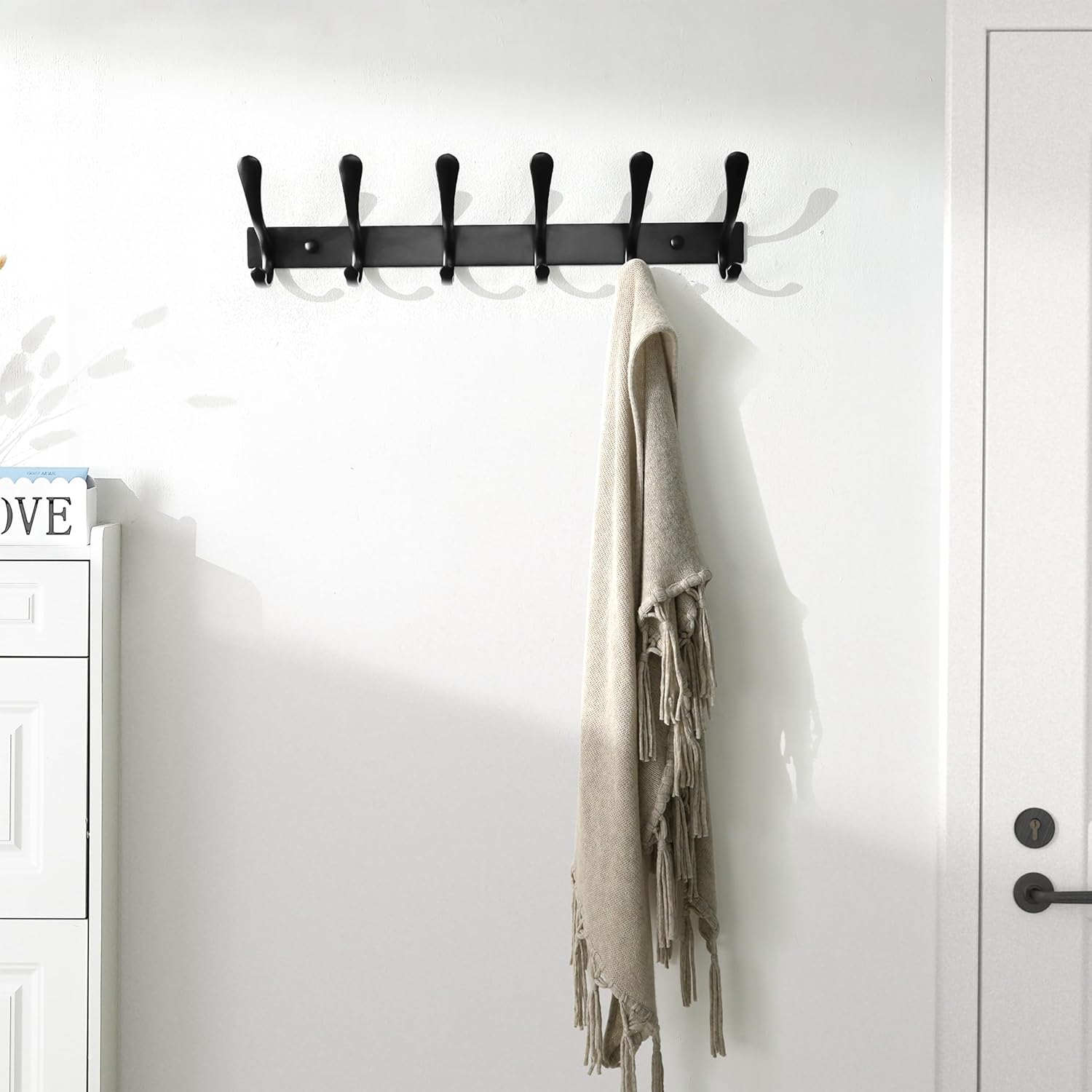 SKOLOO Coat Rack Wall Mounted - 6 Hooks, Heavy Duty, Stainless Steel, Metal Wall Hanger, Sturdy Coat Hooks for Hanging Coats, Jacket, Clothes, Hats - Black