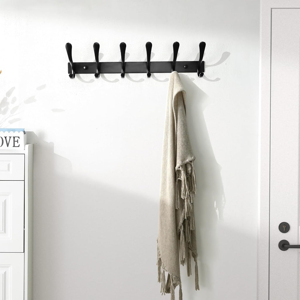 SKOLOO Heavy Duty Wall Mounted Coat Rack - 6 Hooks, Stainless Steel, Pack of 2, Sturdy Coat Hooks for Hanging Clothes, Jacket, Hat, Black