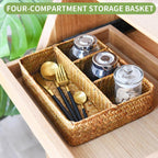 Wicker Baskets 4-Section Tea Bag/Sugar Packet Holder,Seagrass Woven Compartment Organizer,Storage Rattan Divided Basket,Office-Desk Baskets for Shelves,Pantry,Coffee Station Organizer,Countertops