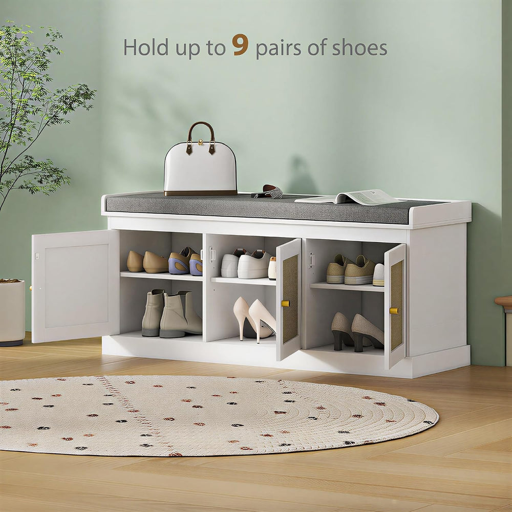 HOMCOM Shoe Bench with Woven Rattan Doors, Shoe Storage Bench with Cushion, A...