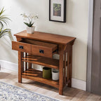 Leick Home Mission Impeccable Bookshelf, Solid Wood, 2 Drawers, 2 Shelves, Slatted Sides, Blackened Hardware, Easy Assembly, Russet Brown, 12 in D x 34 in W x 30 in H, Item 8261