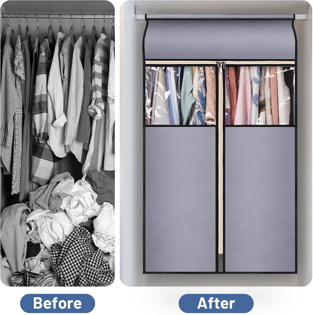 SLEEPING LAMB 35" Garment Bags for Hanging Clothes Storage, Sealed Completely Clothing Rack with Cover with Zipper Clear PVC Window Coat Cover for Closet, Sweaters, Suits protector, 2 Packs, Grey
