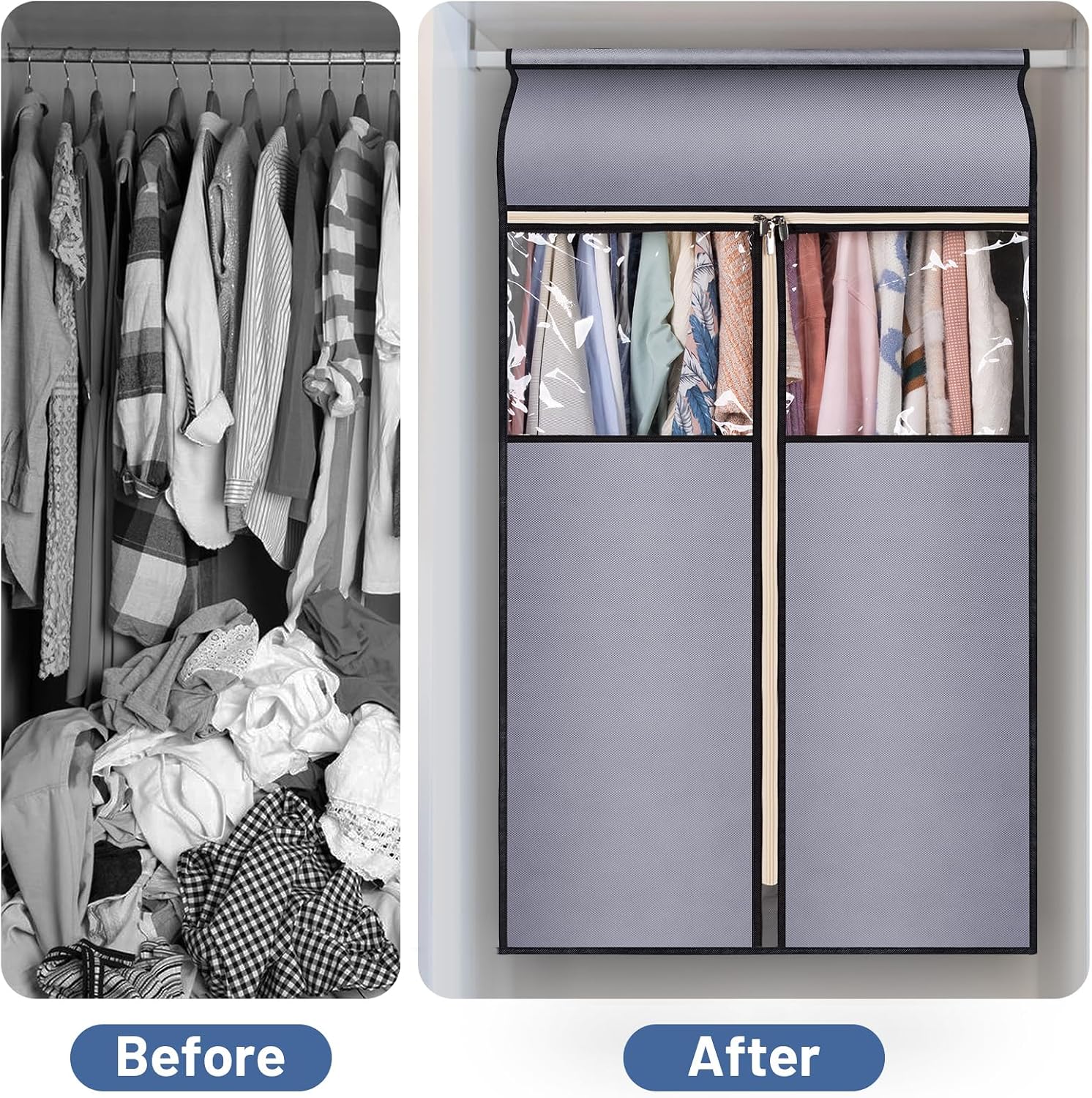 SLEEPING LAMB 35" Garment Bags for Hanging Clothes Storage, Sealed Completely Clothing Rack with Cover with Zipper Clear PVC Window Coat Cover for Closet, Sweaters, Suits protector, 2 Packs, Grey