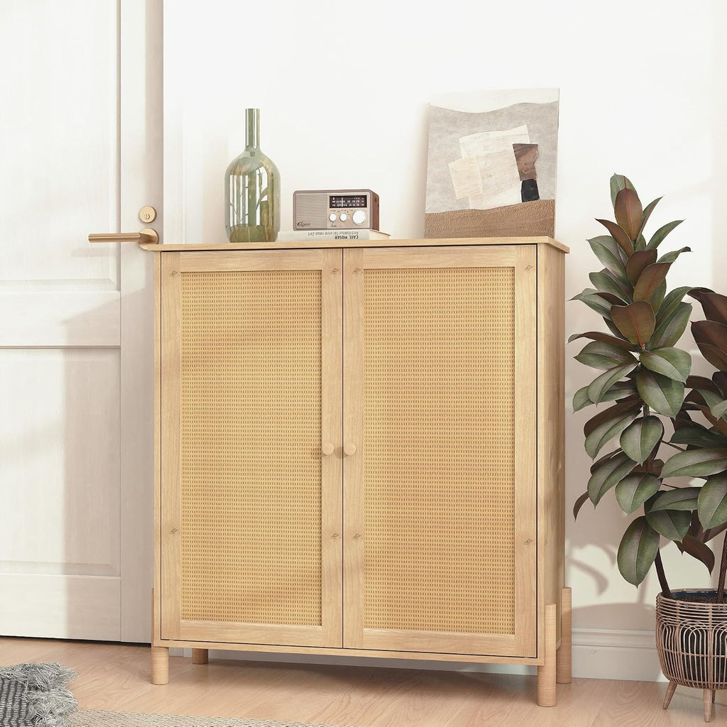 CIATRE Mid-Century Modern Natural Storage Cabinet with Woven Rattan Doors & Adjustable Shelves - Ideal for Living & Dining Room Decor & Organization