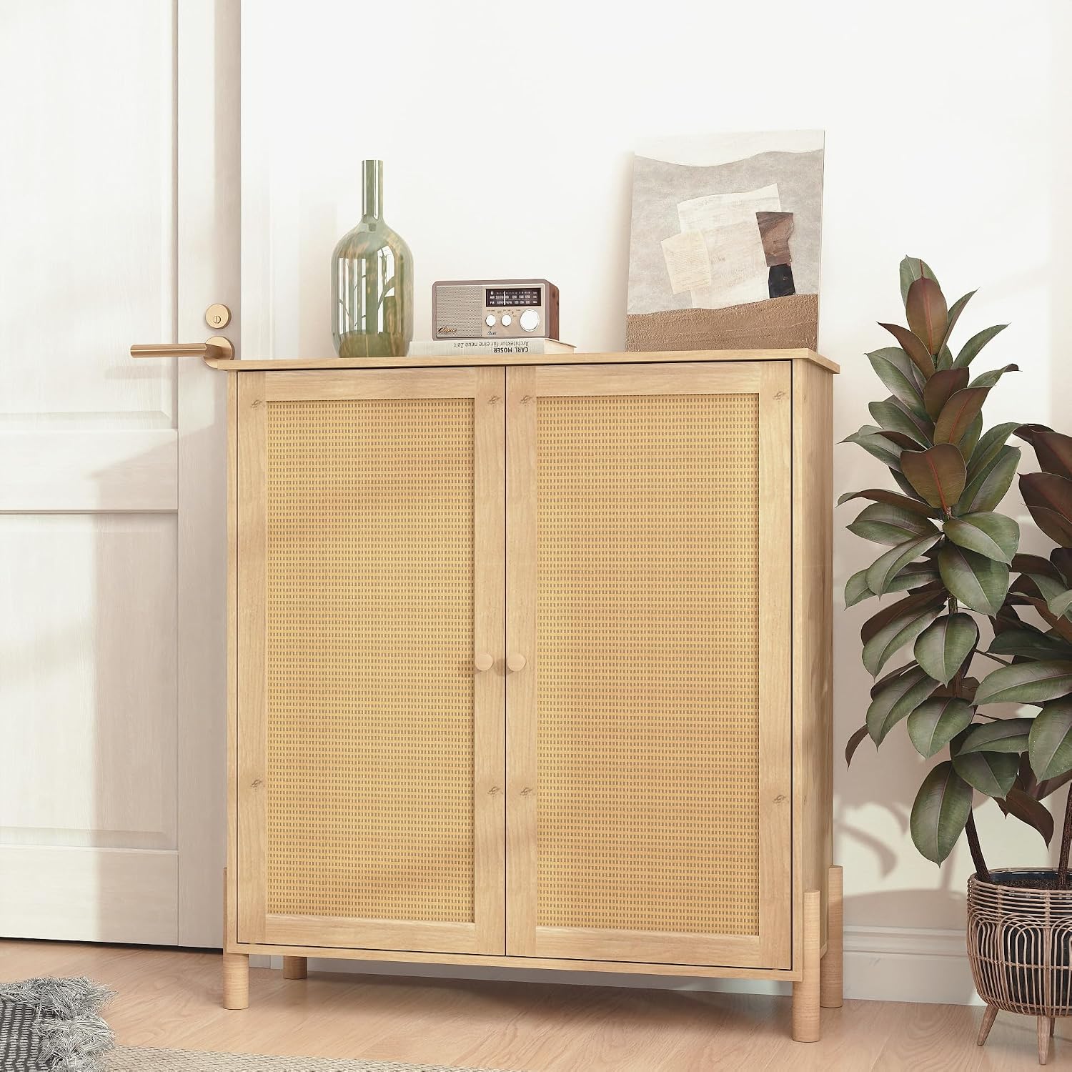 CIATRE Mid-Century Modern Natural Storage Cabinet with Woven Rattan Doors & Adjustable Shelves - Ideal for Living & Dining Room Decor & Organization