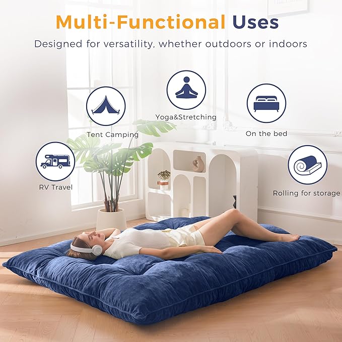 MAXYOYO Japanese Floor Mattress Full Size, 6" Foldable Futon Mattress Tufted Roll Up Floor Bed, Thick Chenille Tatami Mat Sleeping Pad for Camping Guest Room Dormitory Bedroom RV, Navy
