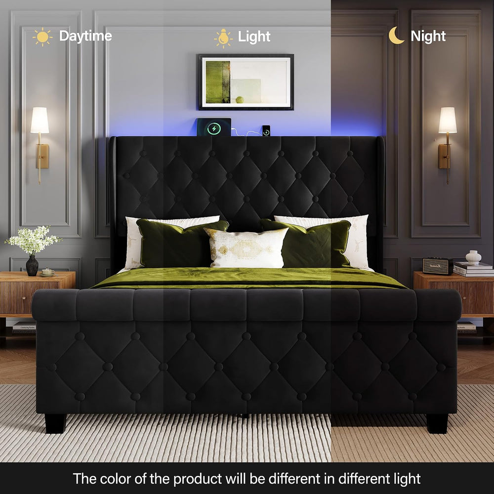 Queen Size Bed Frame with Headboard, Velvet Upholstered Bed Frame