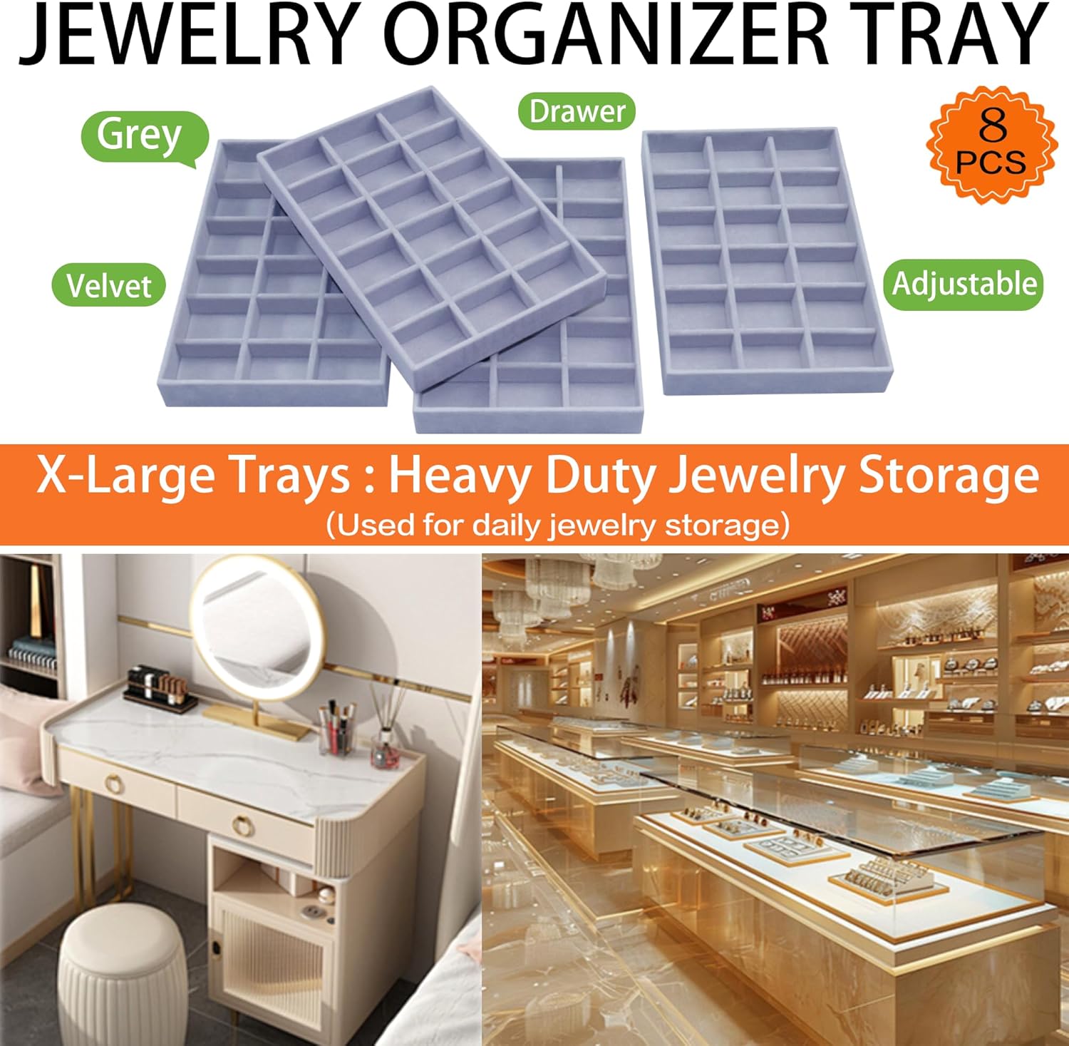 X-Large Jewelrys Tray for Drawer 8 Pack Earring Organizer Stackable Velvet Jewelry Organizer Dresser Rings Studs Earring Holder