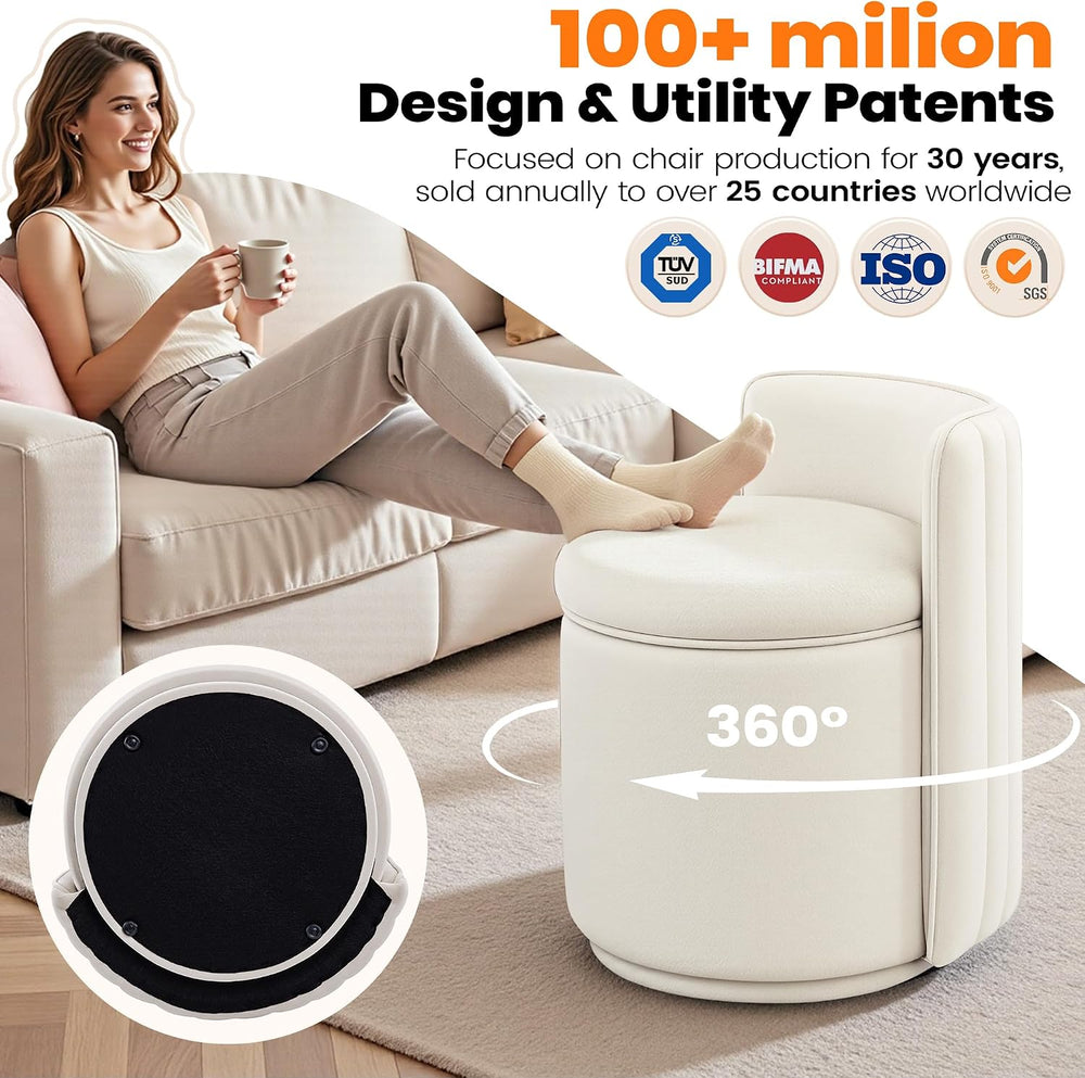 Vanity Chair with Storage, 360° Swivel Velvet Makeup Stool with Wave Backrest...