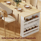 82.7” Kitchen Island with Extendable Dining Table for 4-6 Person, Two-Tone Dining Table with Double-Sized Storage, Power Outlet, Kitchen Island with 2 Side Open Shelves Storage, White