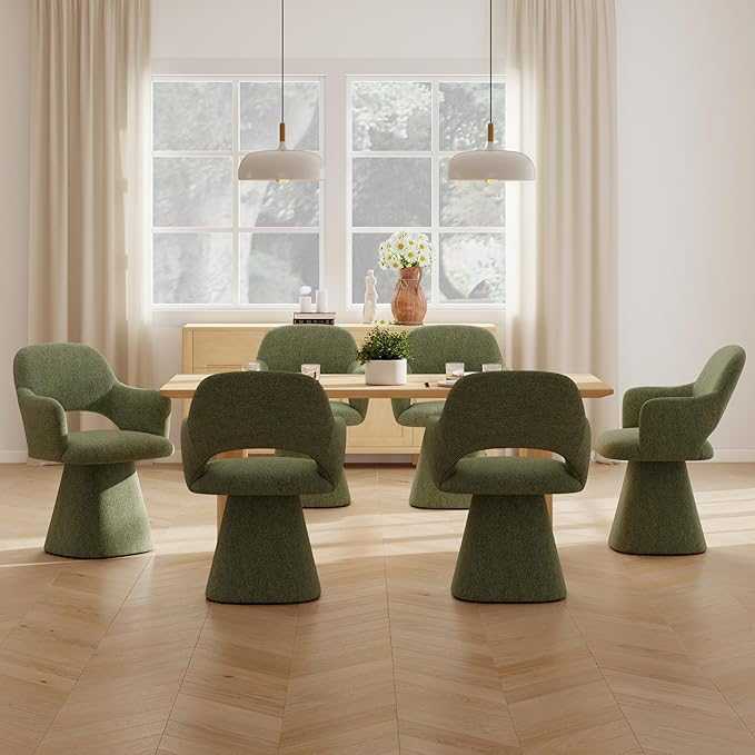 360° Swivel Dining Chair with Arms Set of 6, Chenille Upholstered Barrel Accent Kitchen Chairs with Hollow High Back, Deskchair for Dining Room Bedroom Vanity, Moss Green