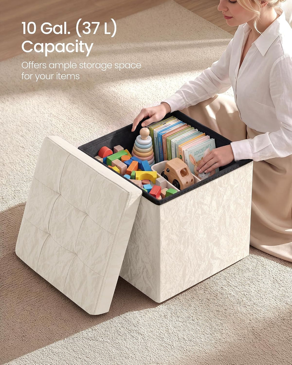 SONGMICS Storage Ottoman, Textured PU Leather Footstool, Foldable Footrest with Cushion, for Living Room and Bedroom, 15 x 15 x 15 Inch, White, Minota Collection ULSF522WD01