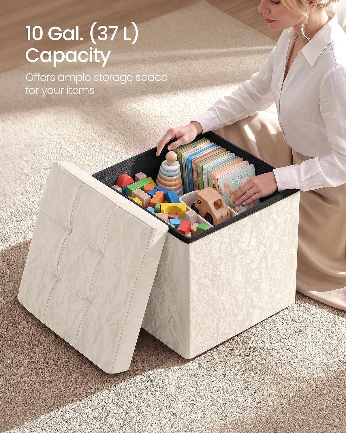SONGMICS Storage Ottoman, Textured PU Leather Footstool, Foldable Footrest with Cushion, for Living Room and Bedroom, 15 x 15 x 15 Inch, White, Minota Collection ULSF522WD01