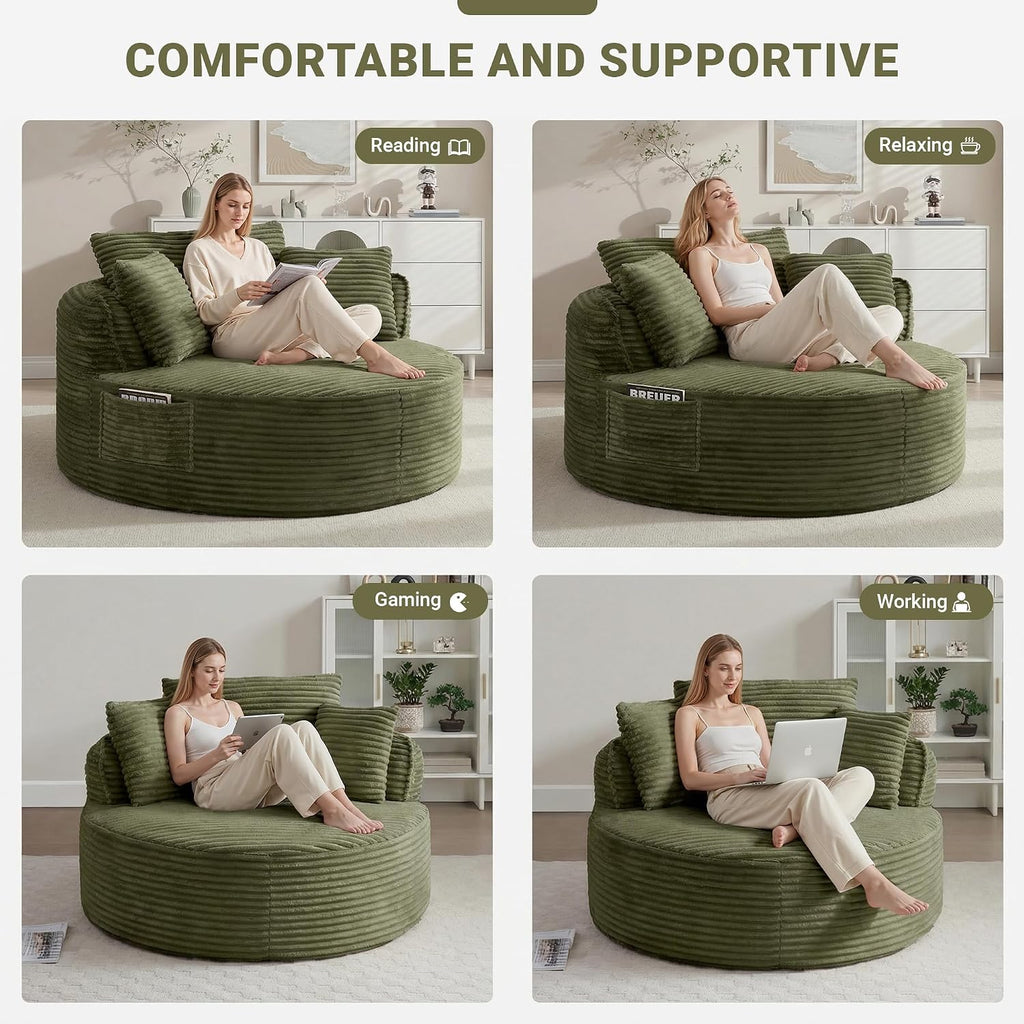 ivoros Oversized Round Lounge Chair Indoor, Corduroy Upholstered Deep Seat Cloud Circle Sofa Chair, Fluffy Boneless Sleeper Chair for Reading & Lounging, No Assembly Required (Green)