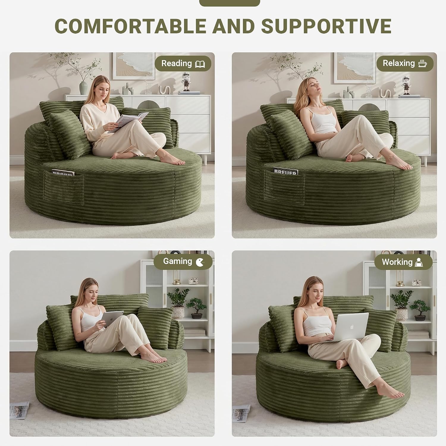 ivoros Oversized Round Lounge Chair Indoor, Corduroy Upholstered Deep Seat Cloud Circle Sofa Chair, Fluffy Boneless Sleeper Chair for Reading & Lounging, No Assembly Required (Green)