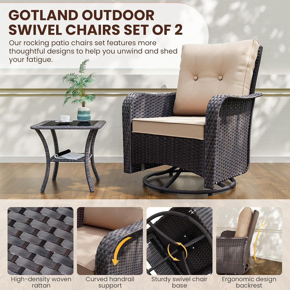 Gotland Outdoor Swivel Chairs Set of 2, 3 Pieces Patio Furniture Set with Thi...