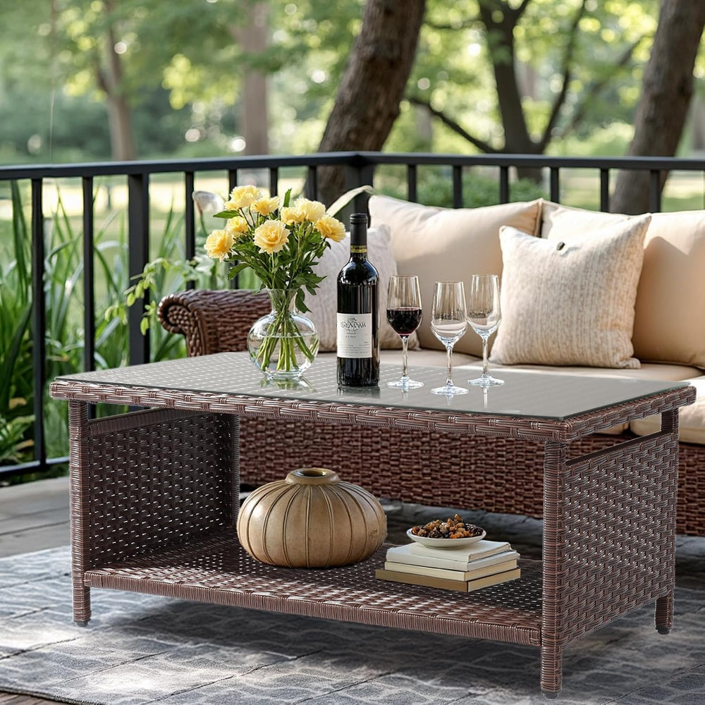 VINGLI Outdoor Wicker CoffeeTable Patio Coffee Tables for Outside, Tempered G...