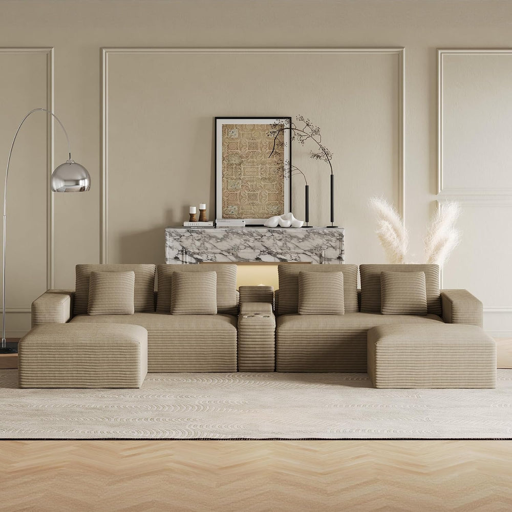 151" U Shaped Modular Sectional, Storage Console, 6 Seater, Brown | Over...