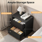 Dripex Fluted Nightstand with 2 Drawers, Large Wide Wood Night Stand Bedside Tables for Bedroom, Mid-Century Modern Storage Bed Side Table, End Tables for Living Room Sofa Couch, Black, Set of 2