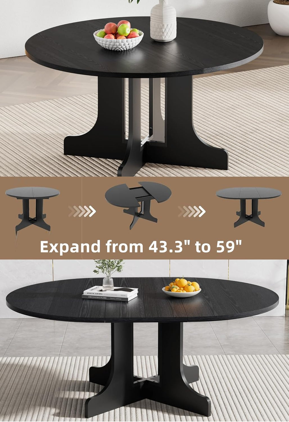 Henf 5 Piece Round Extendable Dining Table Set for 4, 43"-59" Wood ...