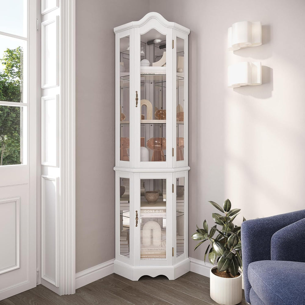 BELLEZE Lighted 3-Side Glass Display Curio Cabinet w/ Tempered Glass Doors an...