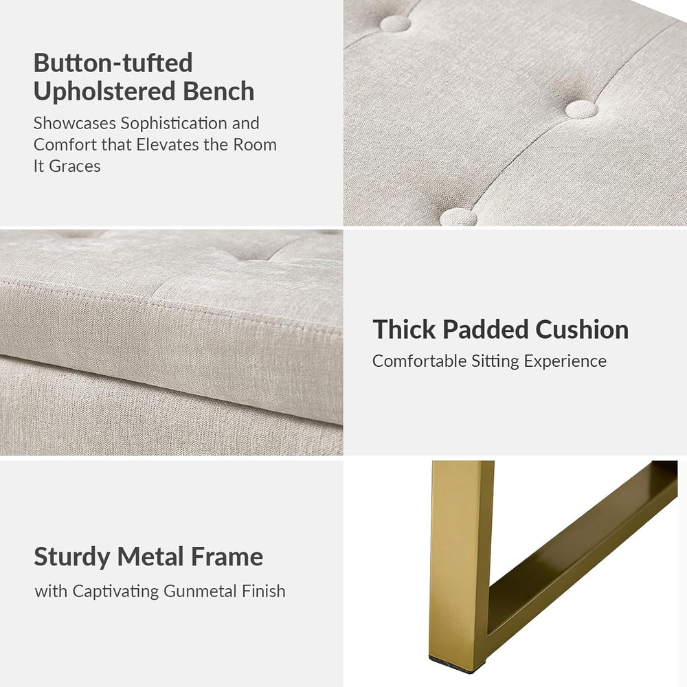Modern Storage Ottoman Bench with Gold Metal Legs Upholstered Footrest End-of...