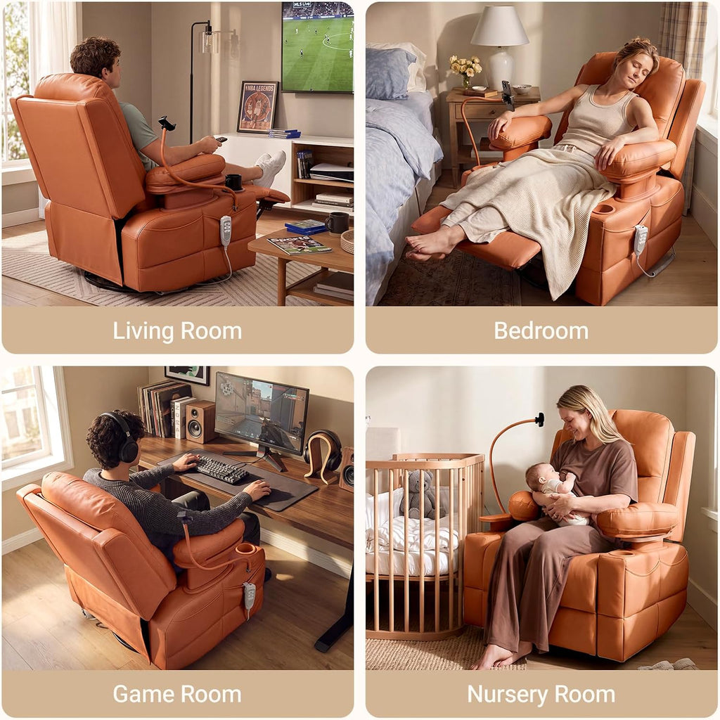 Triple Motor Power Swivel Rocker Recliner Chair with Adjustable Armrests for Adults, FSC Certified Faux Leather Rocking Chair for Living Room, Brown