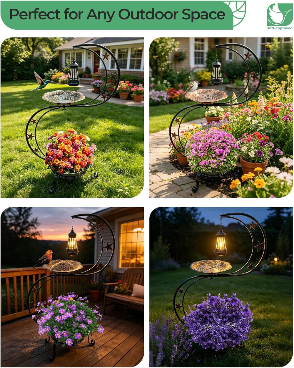 Solar Bird Bath with Flower Planter, S Standing Garden Decor