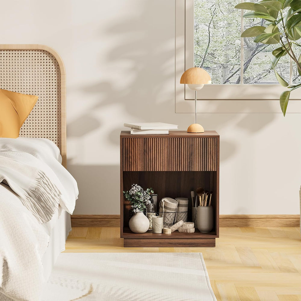 Fluted Nightstands Set of 2, Modern Bedside Table with Storage Drawer and Ope...