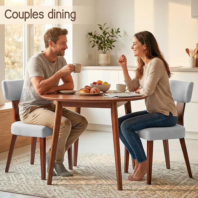 Dining Chairs Set of 2, Mid-Century Modern Upholstered Kitchen Chairs with Curved Backrest and Linen Fabric Seat, Wood Leg Accent Chairs for Dining Room, Living Room, Bedroom, Grey