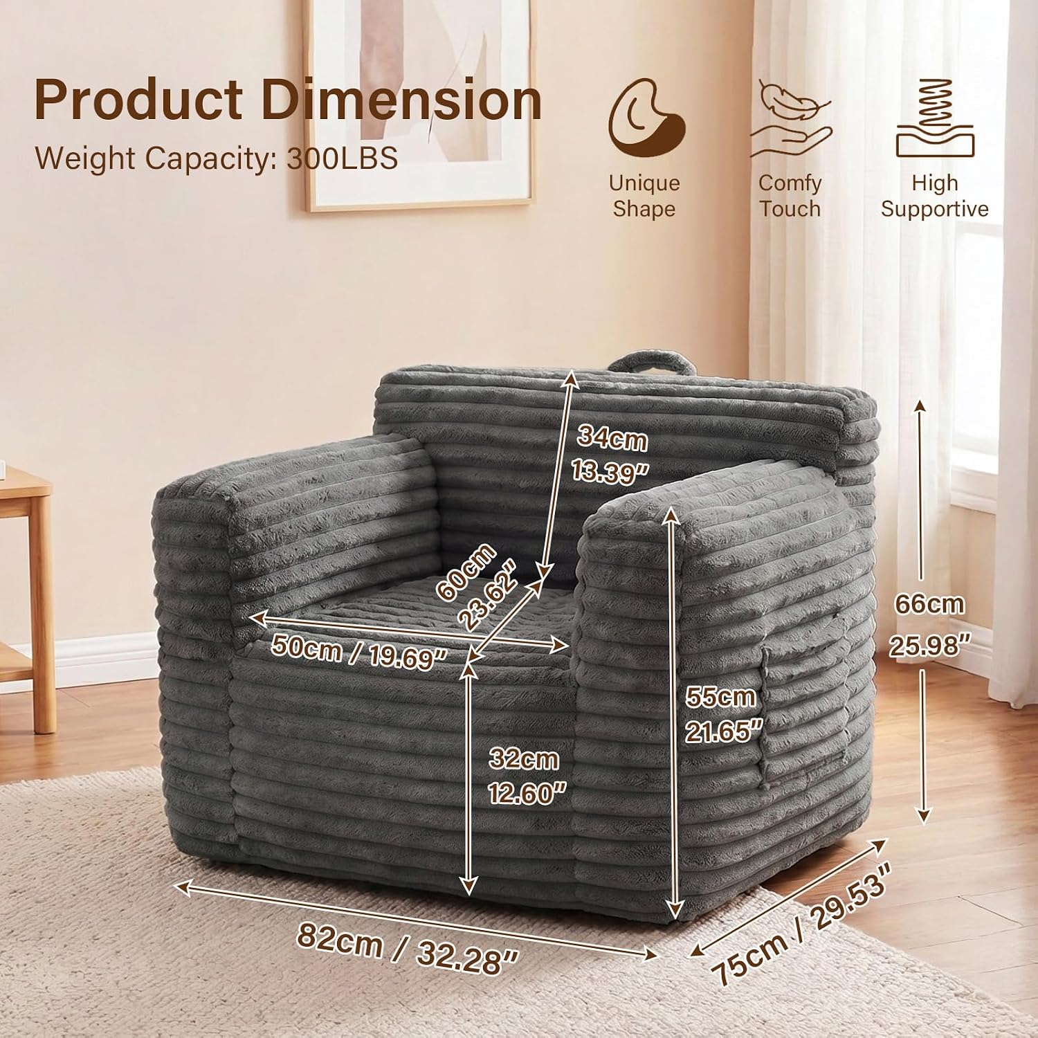 Tiita Adult Bean Bag Chair, Boneless Foam Chair with Armrests, Dark Grey | Soft Corduroy Cover, Removable Washable Outer Cover, Back Support, Reading Nook Comfort, Gaming, Bedroom and Living Room Use