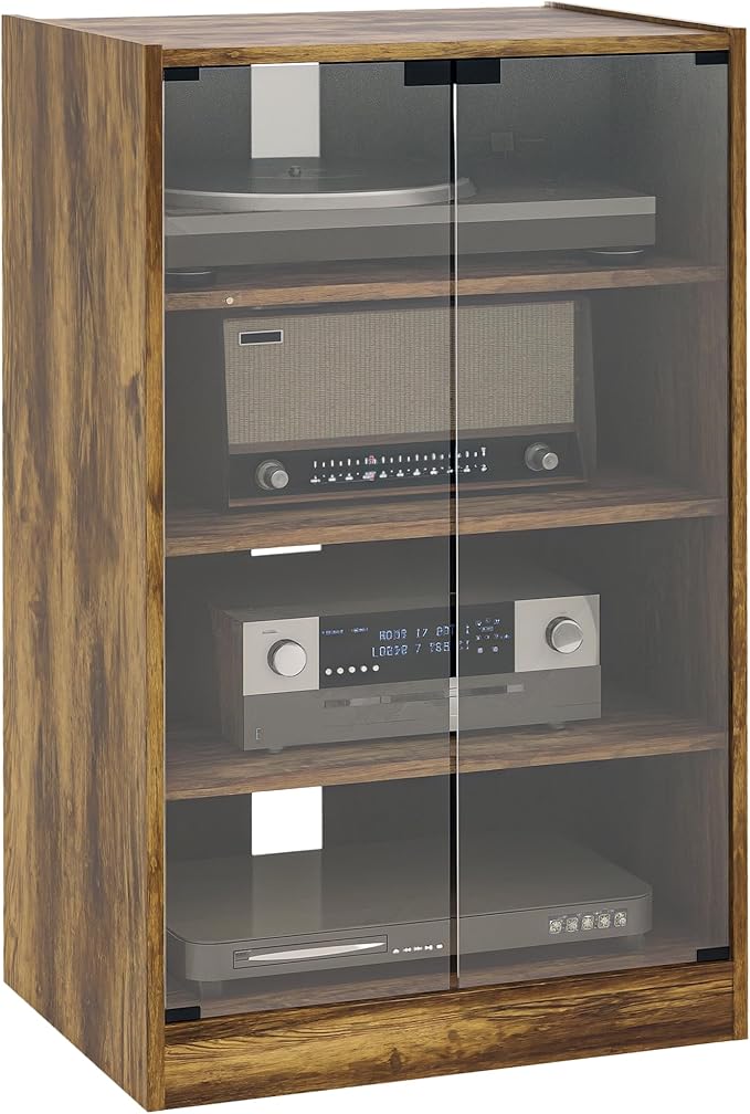 HOMCOM Media Cabinet, 4-Tier Stereo Cabinet for Vinyl Record Player, Gaming Console, AV Record Player Stand with Adjustable Shelves, Push-to-Open Glass Doors and Cable Management, Rustic Brown