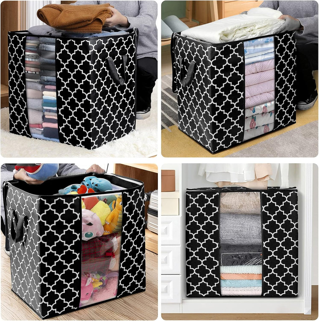 WISELIFE Storage Bags [3 Pack/100L] Large Blanket Clothes Organization and Storage Containers for Comforters,Bedding, Foldable Organizer with Reinforced Handle, Clear Window, Sturdy Zippers,Black