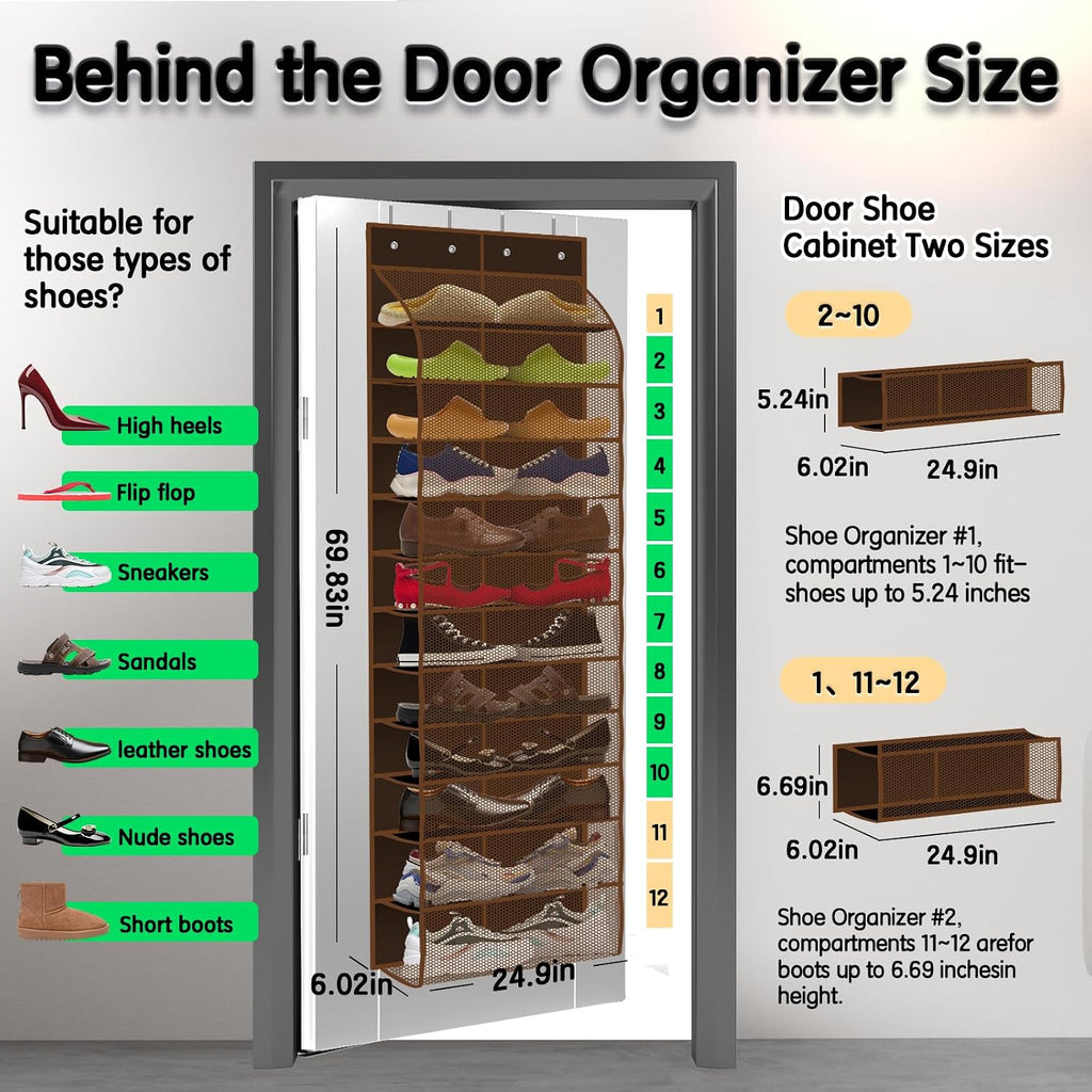 Kotkn Over The Door Shoe Organizer with 12 Large Breathable Pockets - Durable Hanging Storage for the Entire Family's Shoes (Espresso)